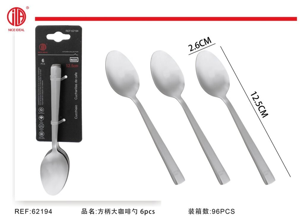 Set de 6 cucharas de cafe con mango rectangular, 12,5 cm