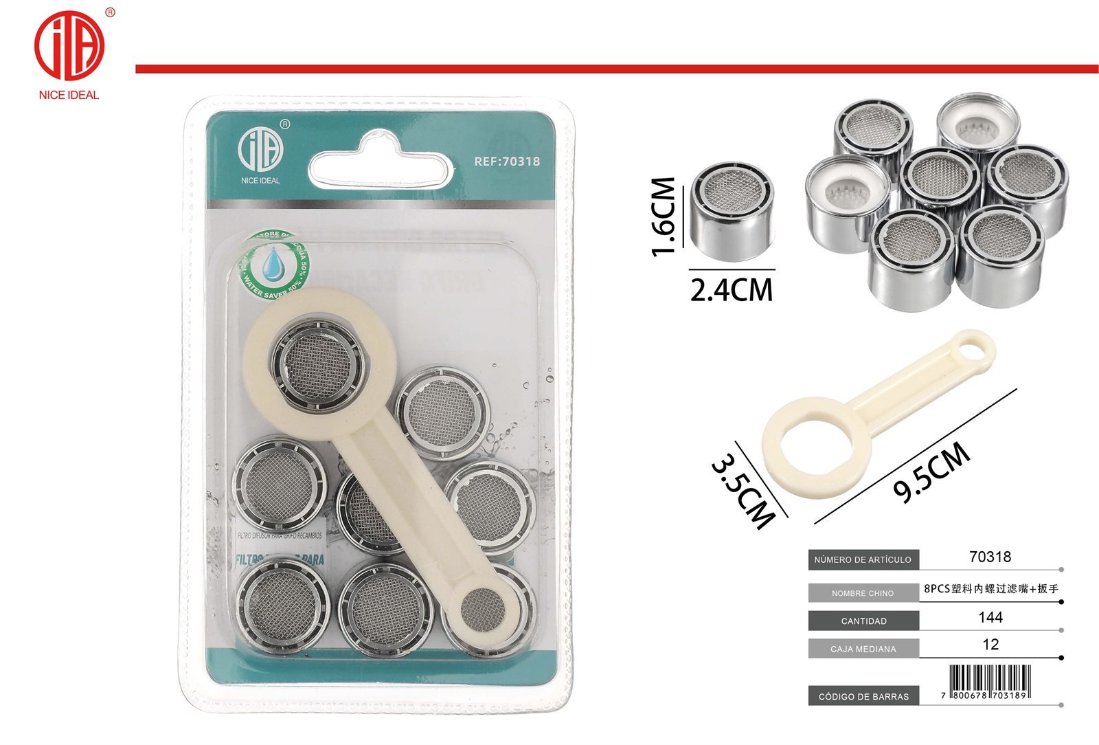 FILTRO DE ROSCA INTERIOR DE PLáSTICO DE 8 PIEZAS LLAVE8PCS