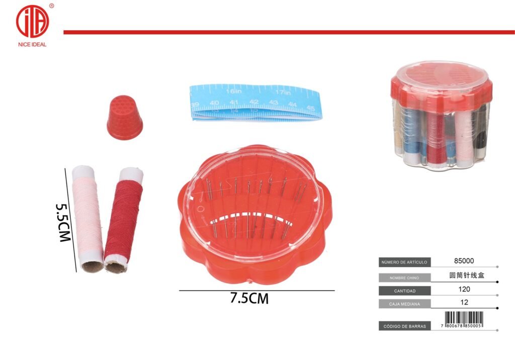 Kit de costura compacto en estuche redondo