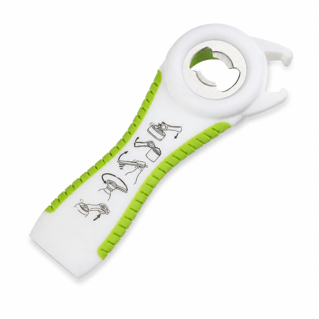 Abridor multifunción 5 en 1, blanco y verde, para botellas y tapas