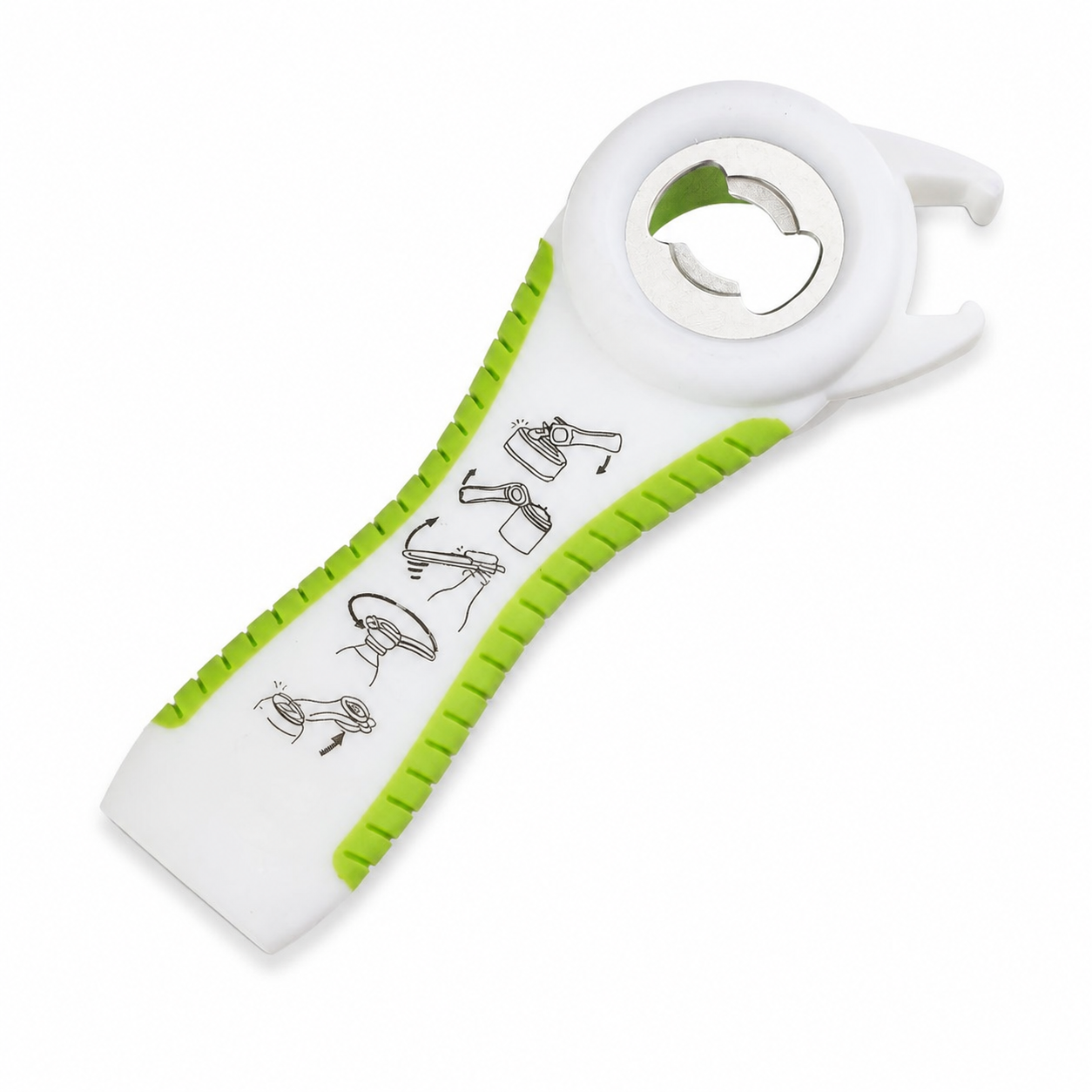 Abridor multifunción 5 en 1, blanco y verde, para botellas y tapas