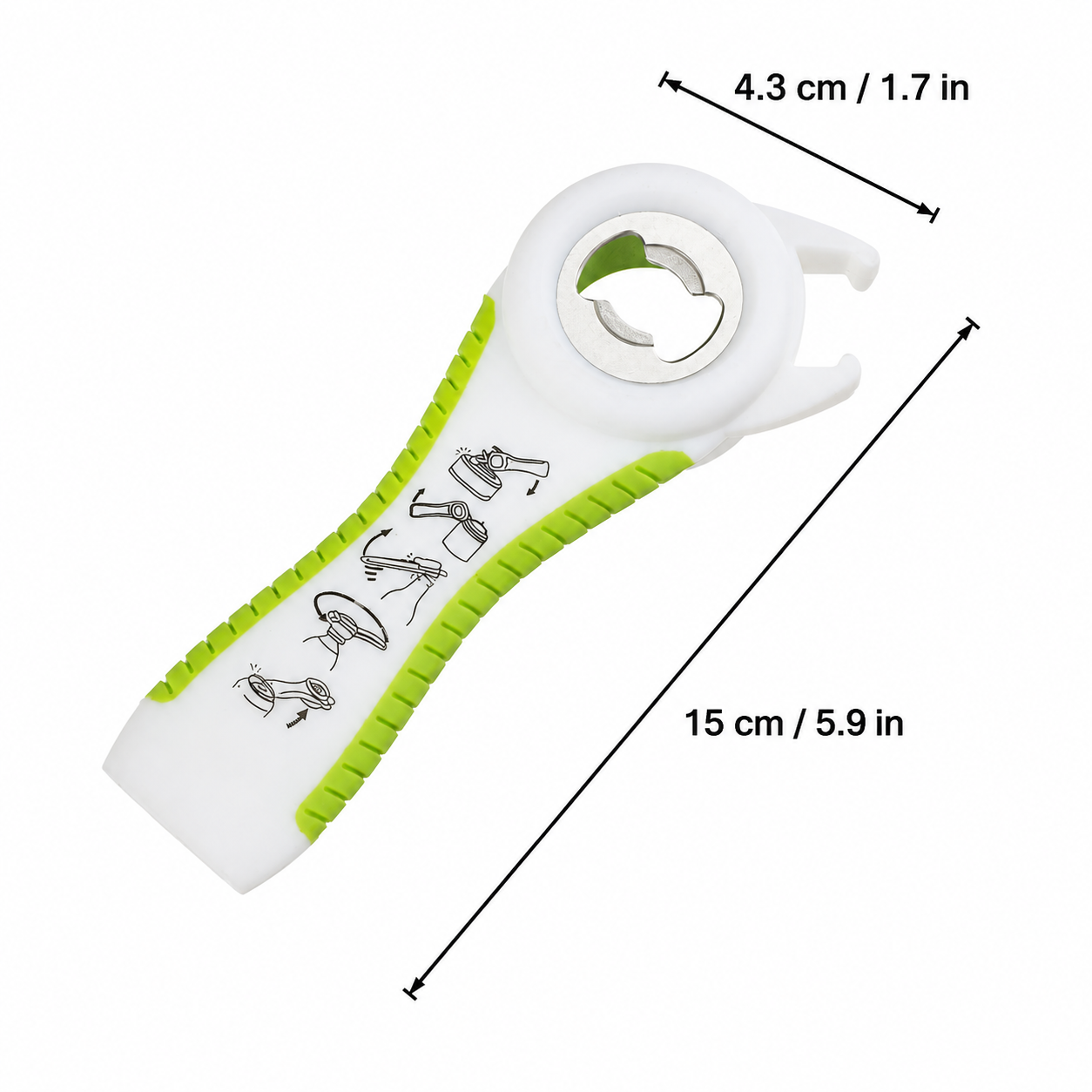 Abridor multifunción 5 en 1, blanco y verde, para botellas y tapas - Imagen 4