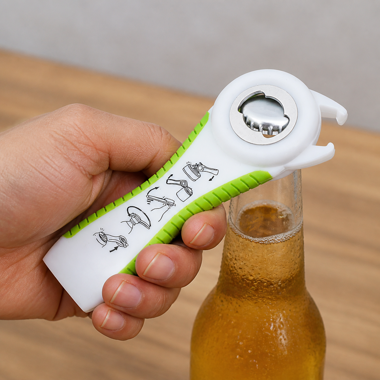 Abridor multifunción 5 en 1, blanco y verde, para botellas y tapas - Imagen 5