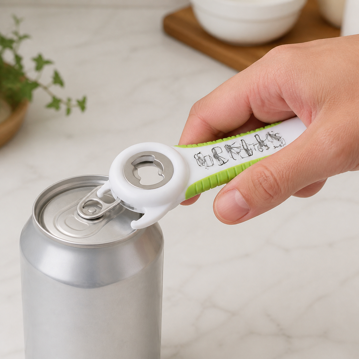 Abridor multifunción 5 en 1, blanco y verde, para botellas y tapas - Imagen 6