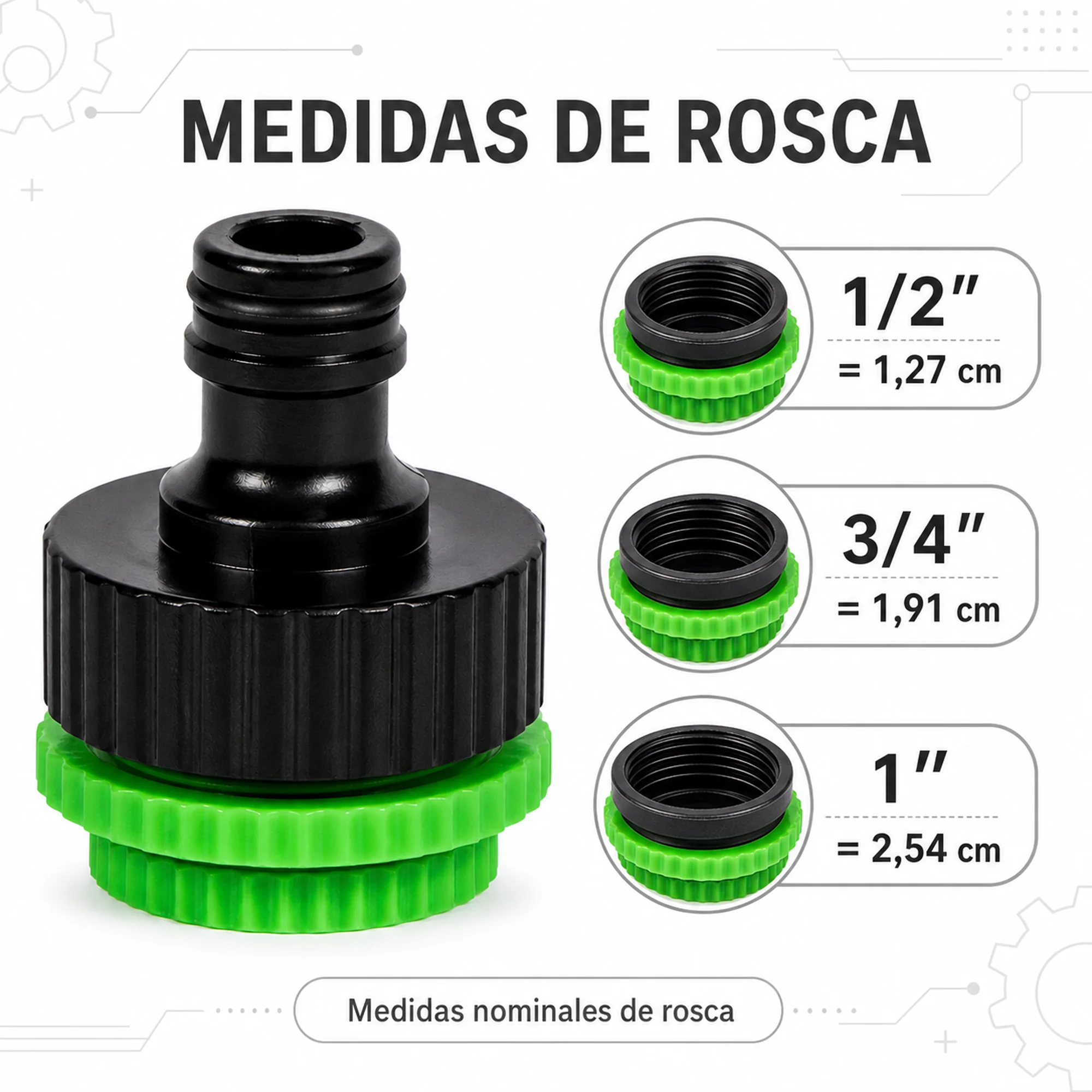 Roscas compatibles de 1/2, 3/4 y 1 pulgada