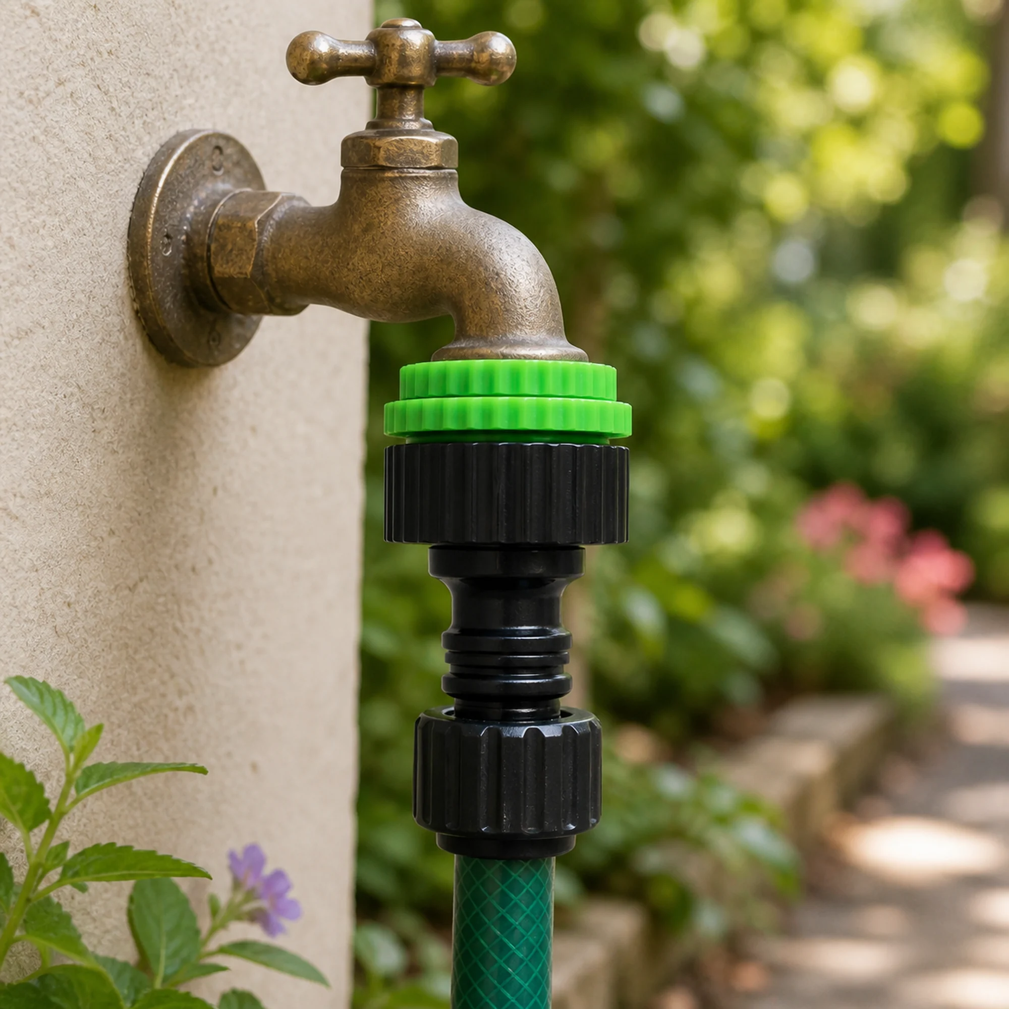 Adaptador universal instalado para riego de jardín