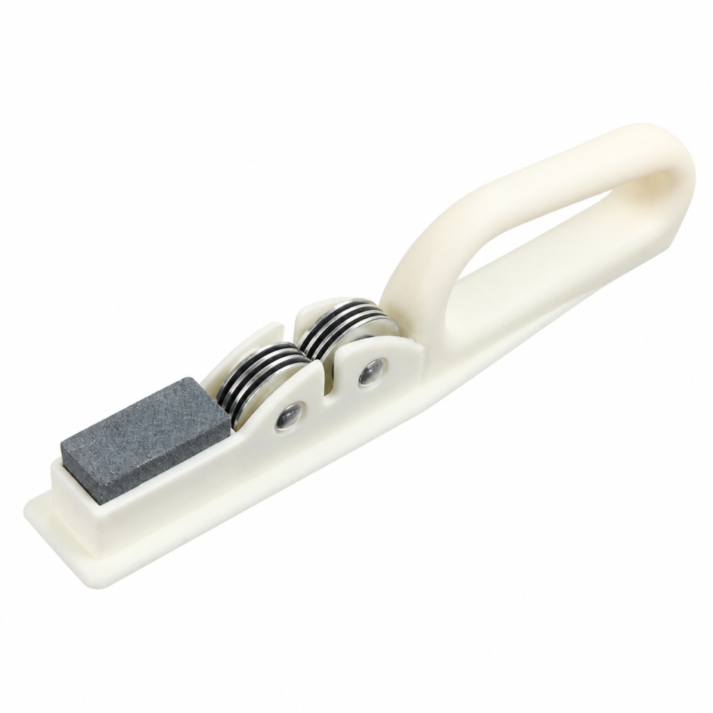 Afilador manual de cuchillos color marfil con doble rueda y piedra abrasiva de 19 cm