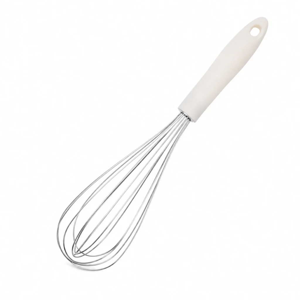 Batidor manual de acero inoxidable con mango blanco de 30 cm, SKU 60195