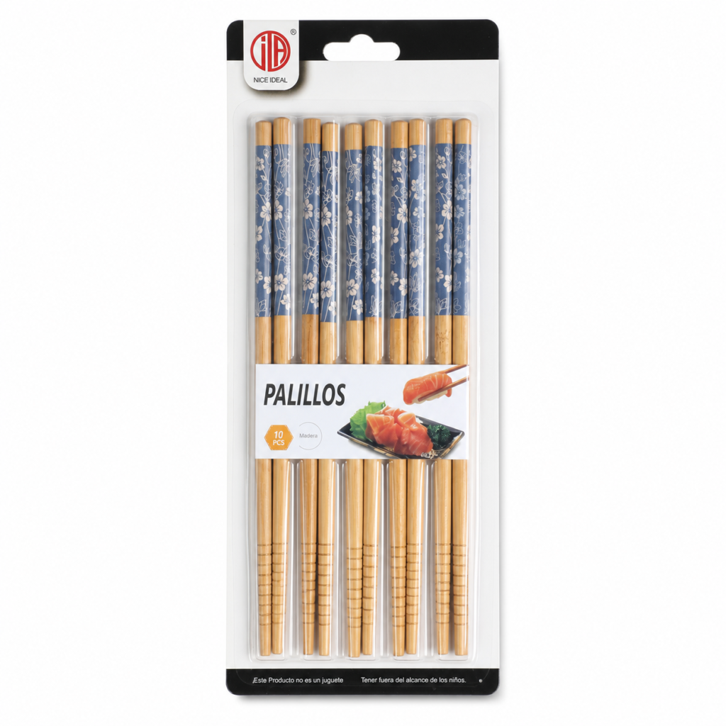 Set de 10 palillos de madera con diseño floral azul, 24 cm