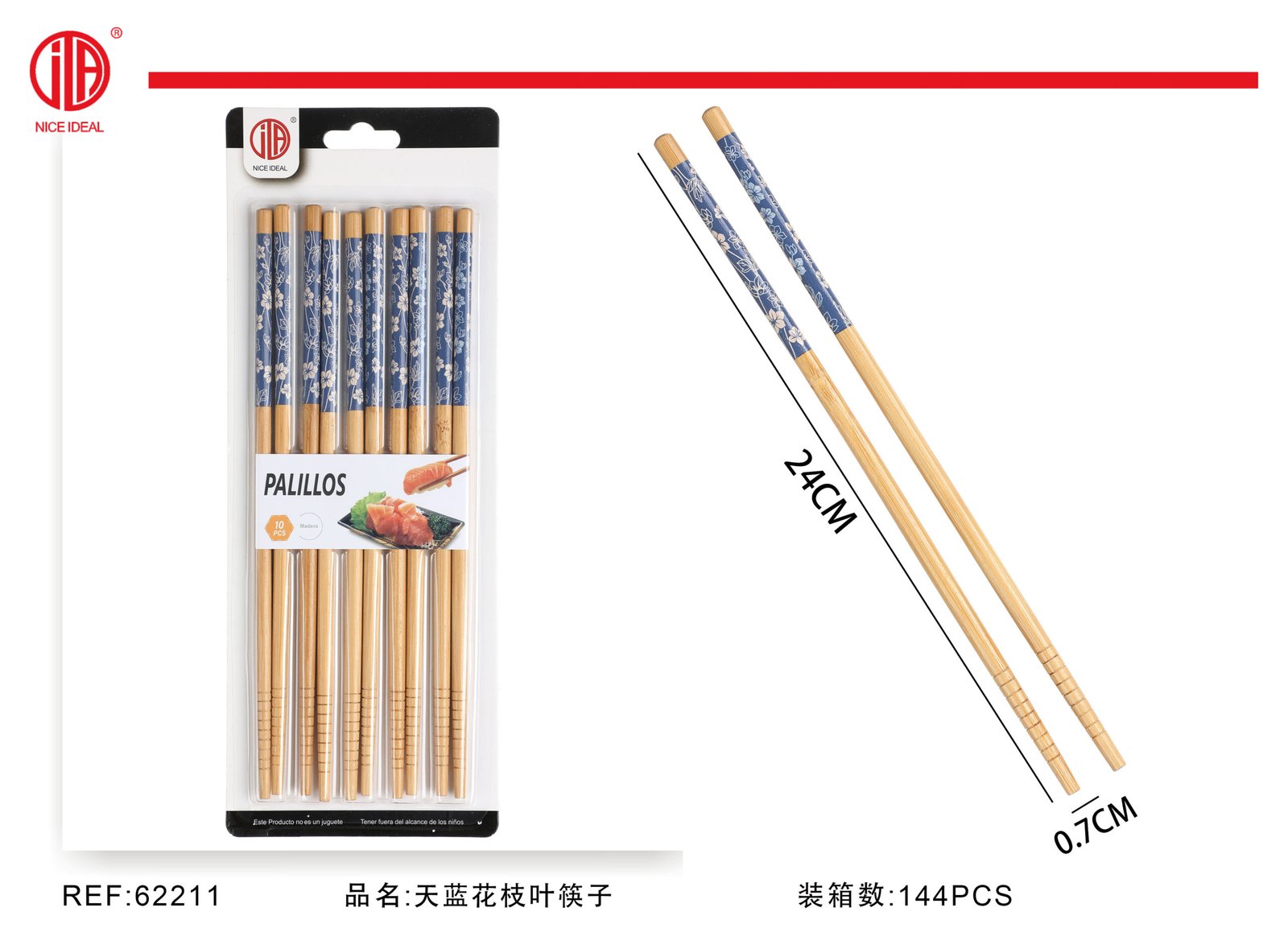Palillos de madera con diseño floral azul, set de 10 piezas, 24 cm - Imagen 5