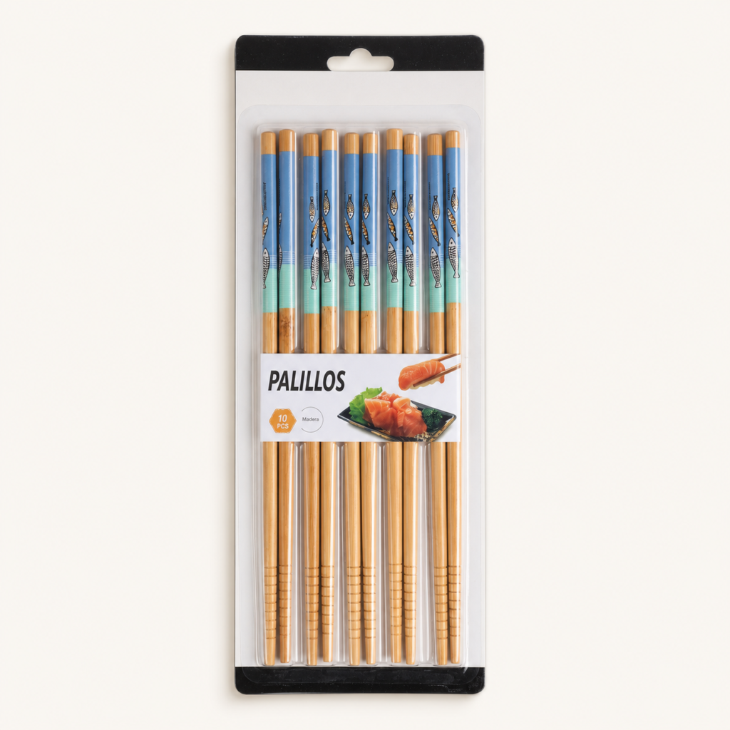 Set de 10 palillos de madera con diseño de peces azul y menta, 24 cm
