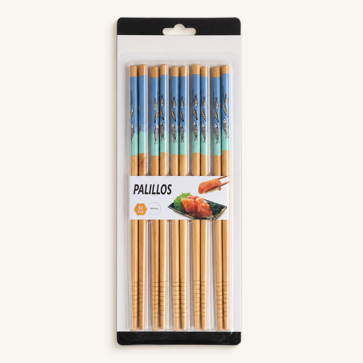 Set de 10 palillos de madera con diseño de peces azul y menta, 24 cm