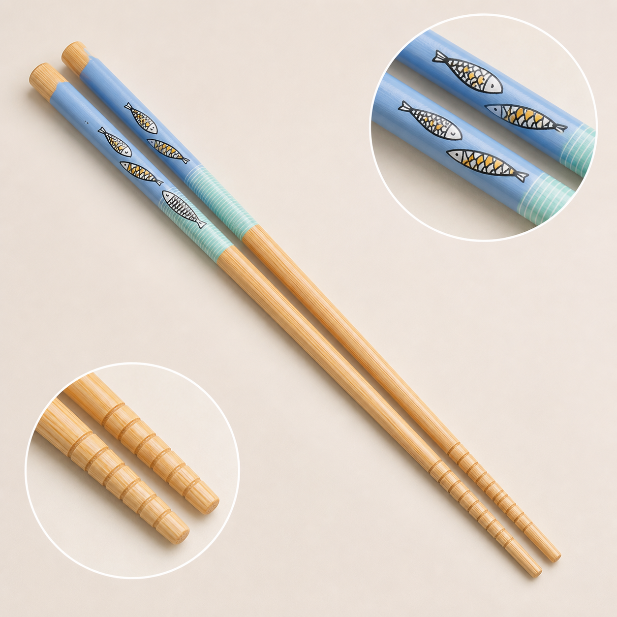 Palillos de madera con diseño de peces azul y menta, set de 10 piezas, 24 cm - Imagen 2