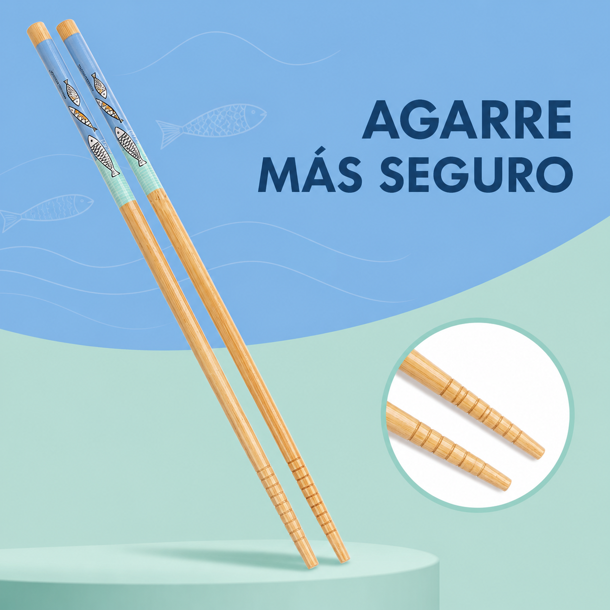 Palillos de madera con diseño de peces azul y menta, set de 10 piezas, 24 cm - Imagen 3