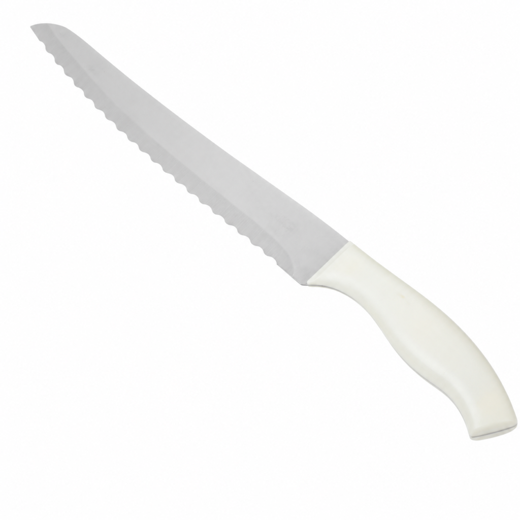 Cuchillo para pan dentado de acero inoxidable con mango blanco de 33,5 cm SKU 14498