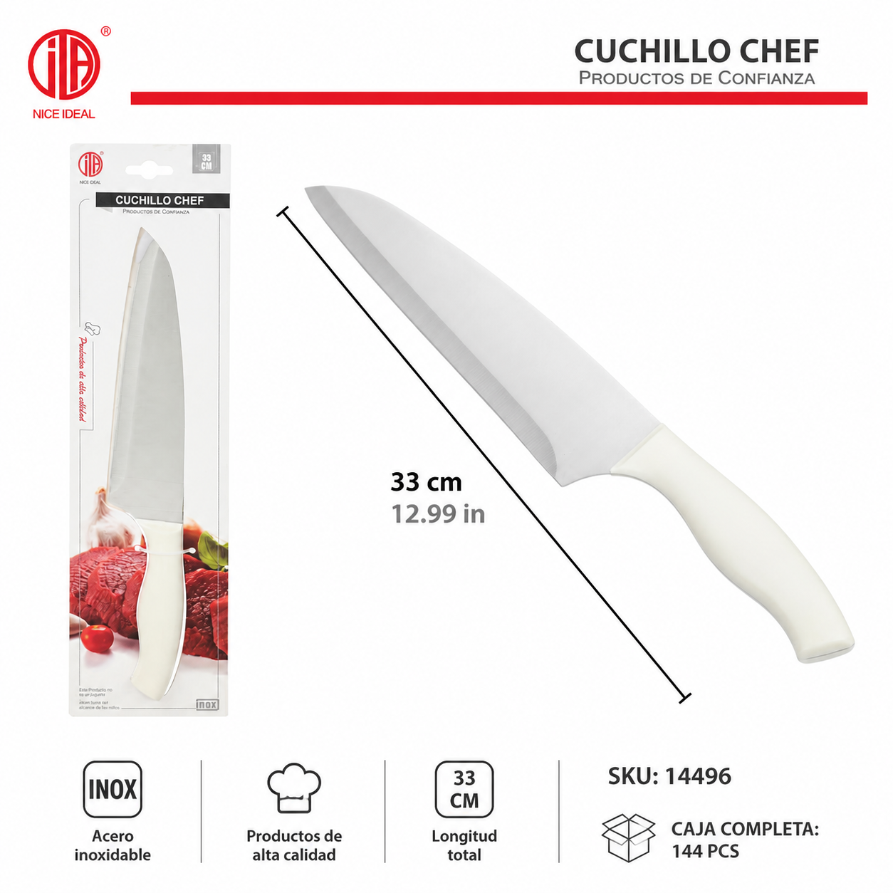 Cuchillo chef de acero inoxidable, mango blanco, 33 cm - Imagen 3