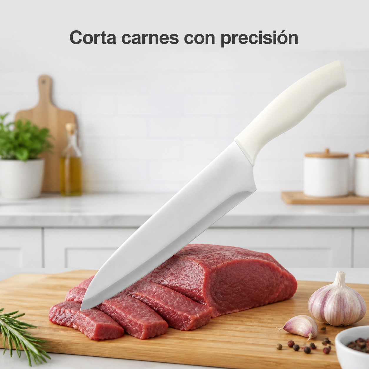 Cuchillo chef de acero inoxidable, mango blanco, 33 cm - Imagen 4