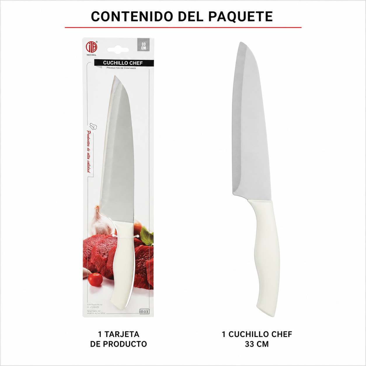 Cuchillo chef de acero inoxidable, mango blanco, 33 cm - Imagen 5