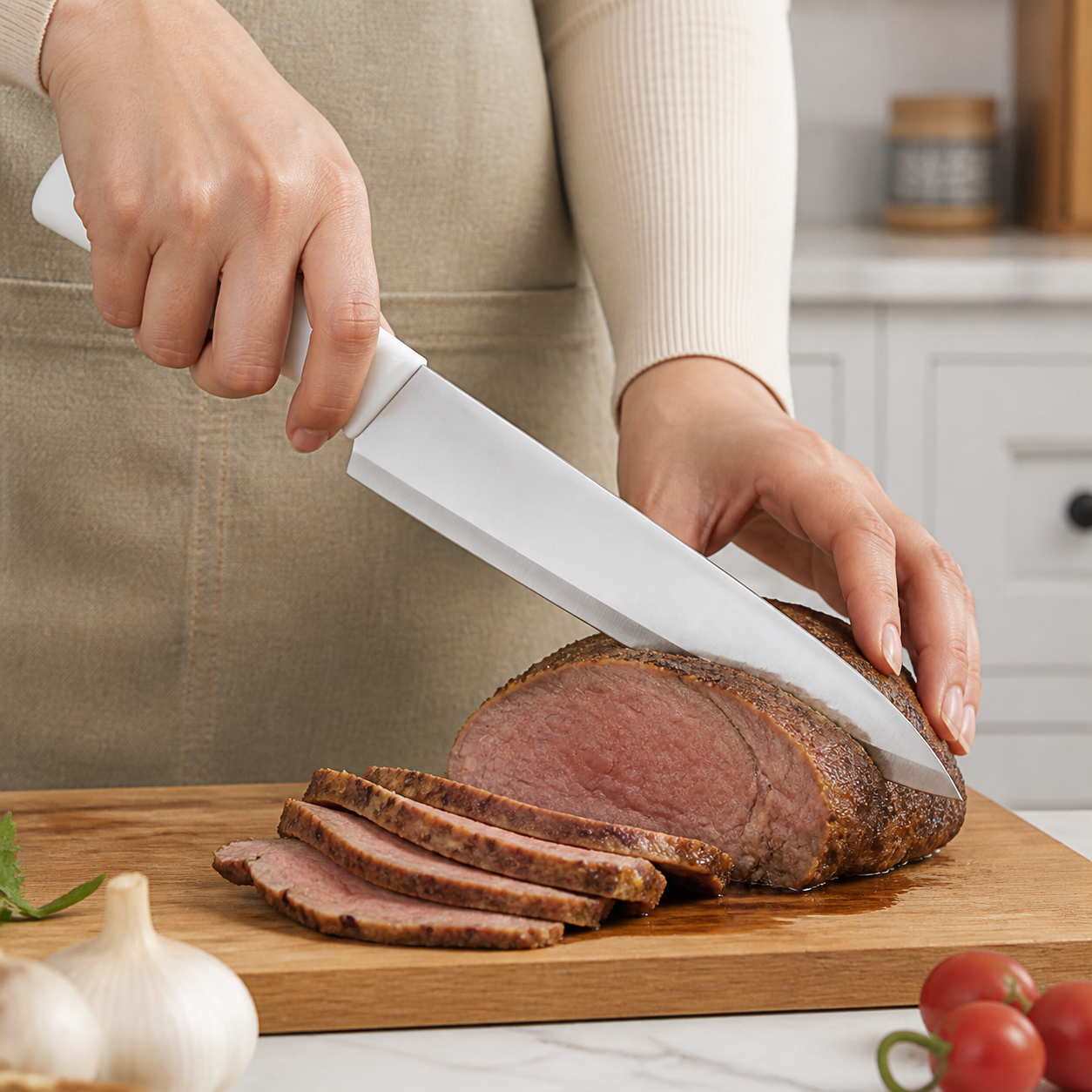 Cuchillo chef de acero inoxidable, mango blanco, 33 cm - Imagen 6