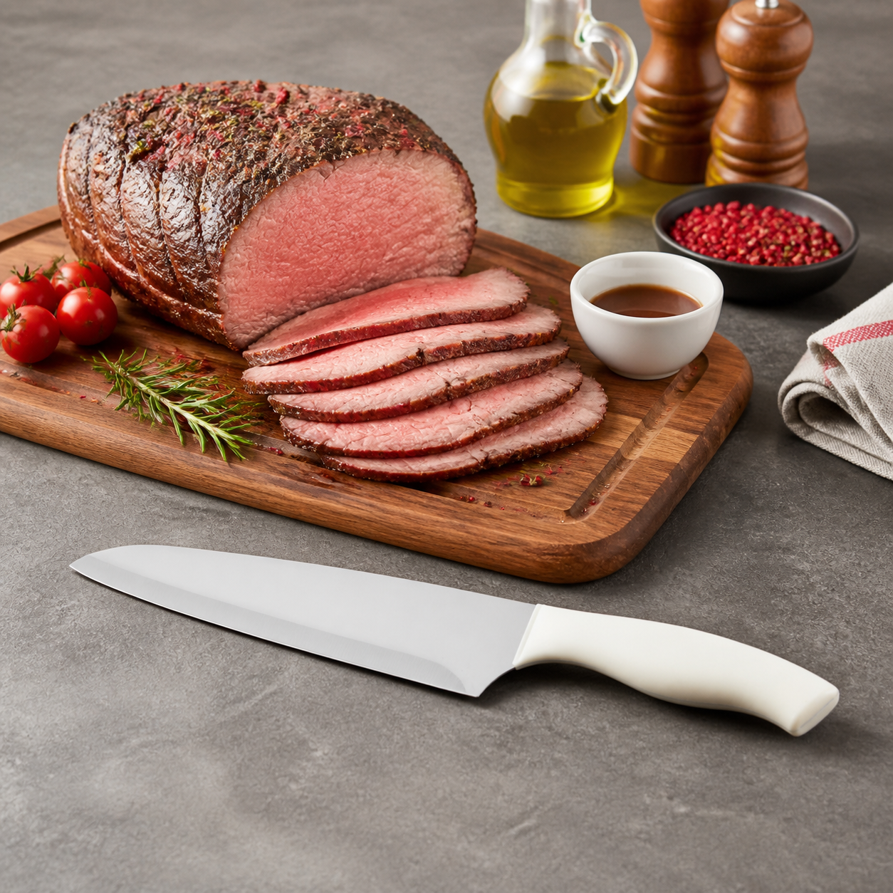 Cuchillo chef de acero inoxidable, mango blanco, 33 cm - Imagen 8