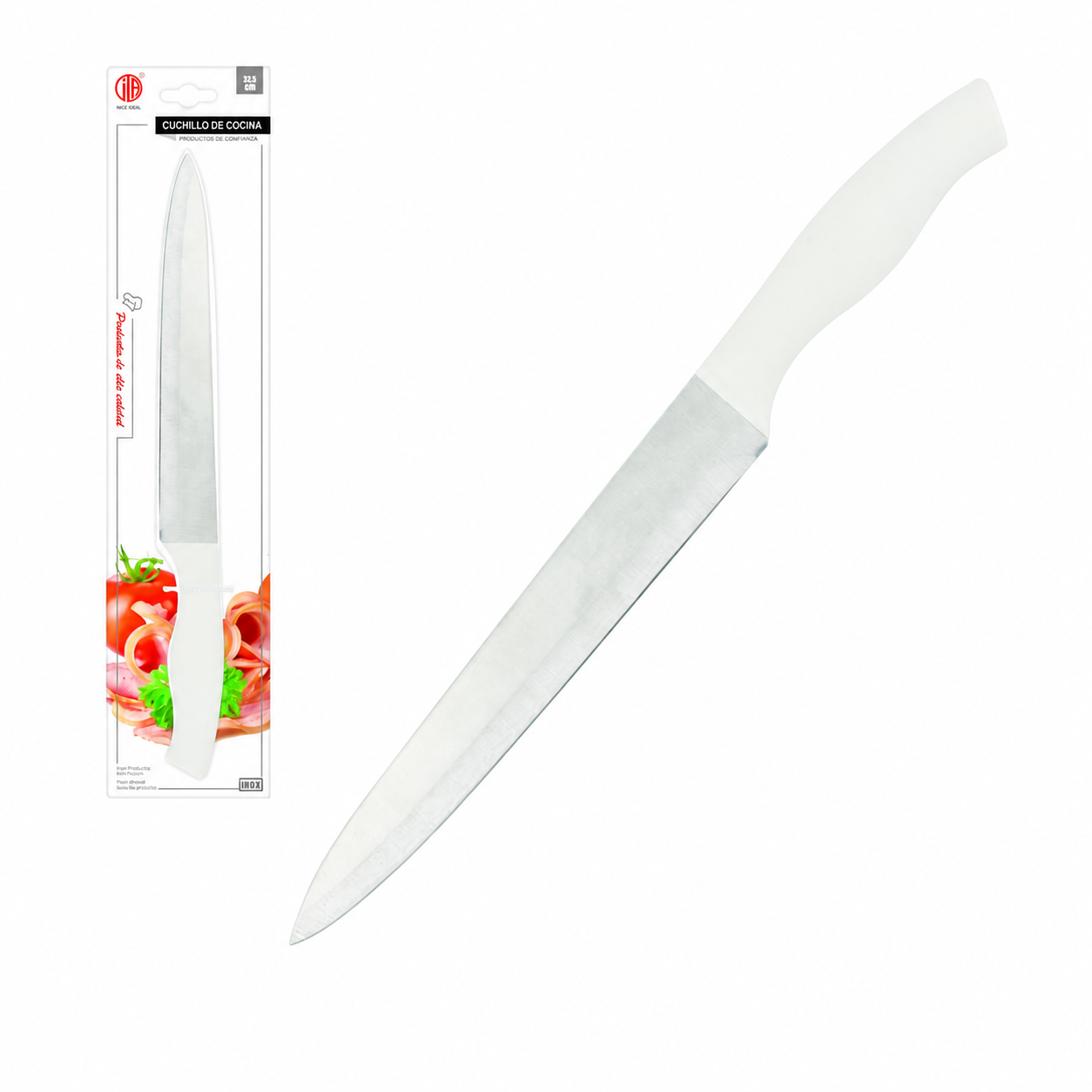 Cuchilla de carne de acero inoxidable con mango blanco de 32,5 cm SKU 14497Cuchilla de carne de acero inoxidable con mango blanco de 32,5 cm SKU 14497