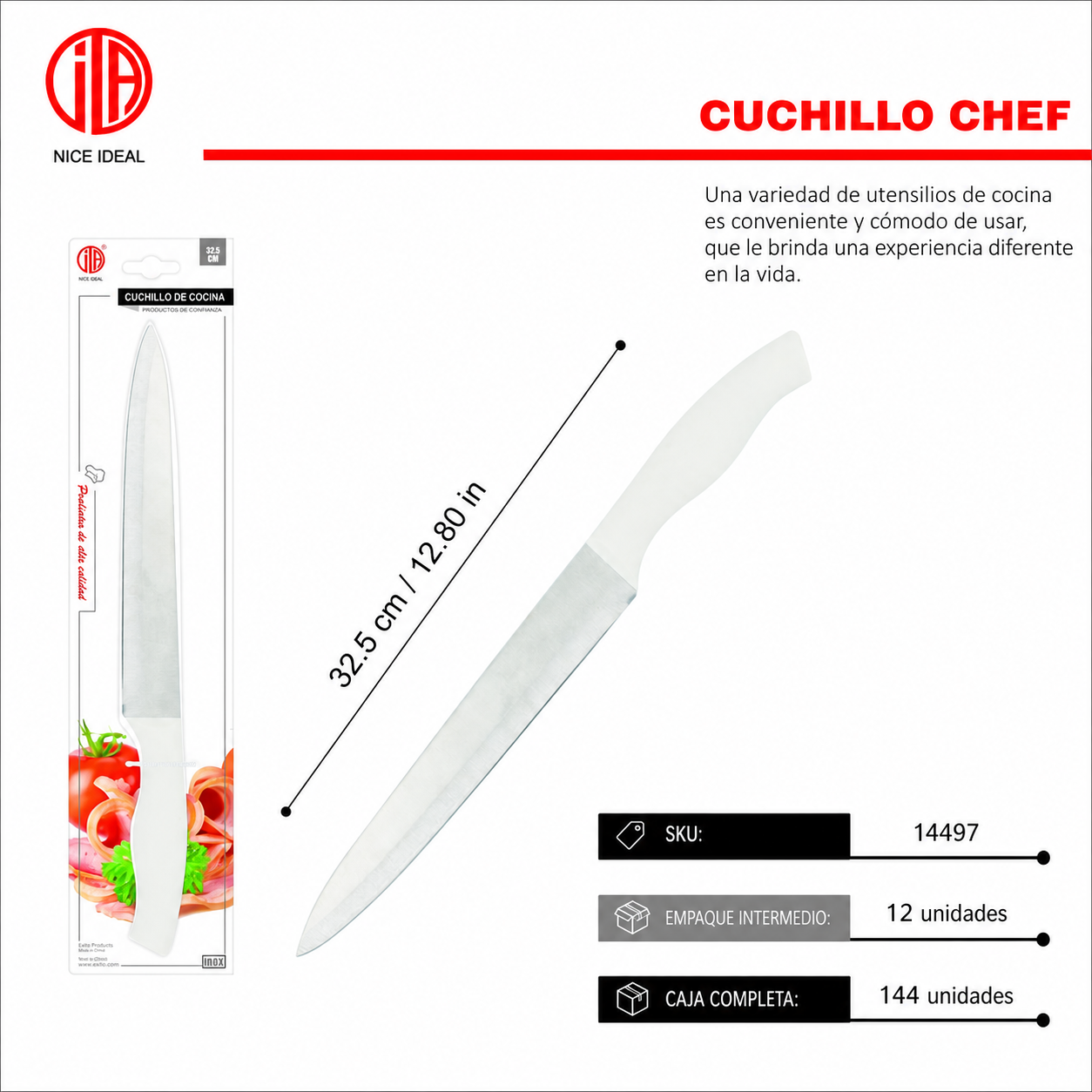 Cuchilla de carne de acero inoxidable, mango blanco, 32,5 cm - Imagen 4
