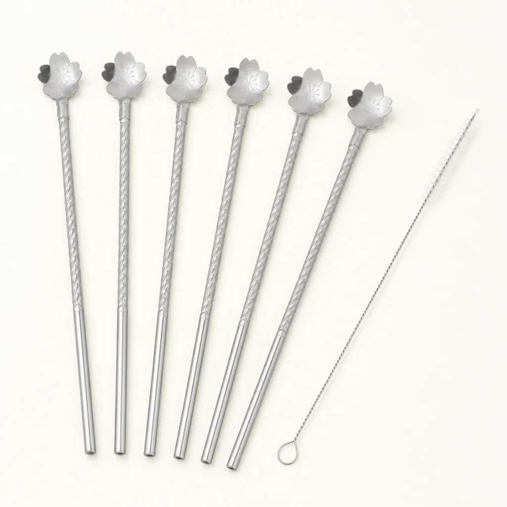 Set de 6 bombillas flor de cerezo de acero inoxidable con cepillo