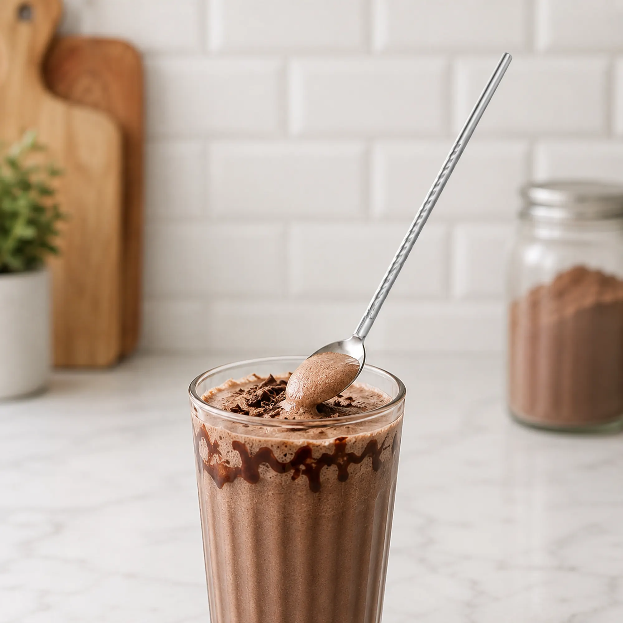 Bombilla cuchara de acero inoxidable usada con un batido de chocolate