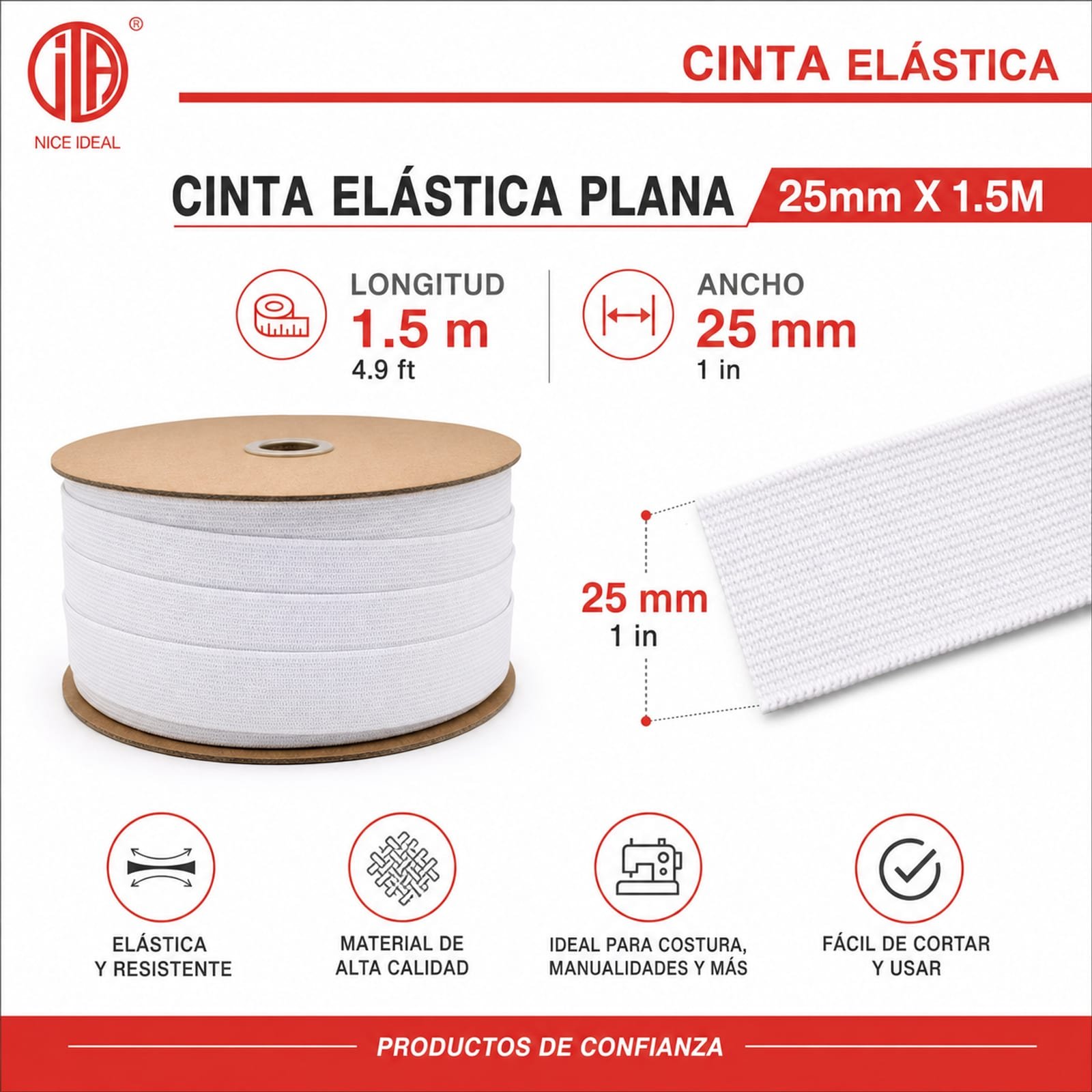 Medidas de cinta elástica negra: 1.5 m y 25 mm con cm e inch
