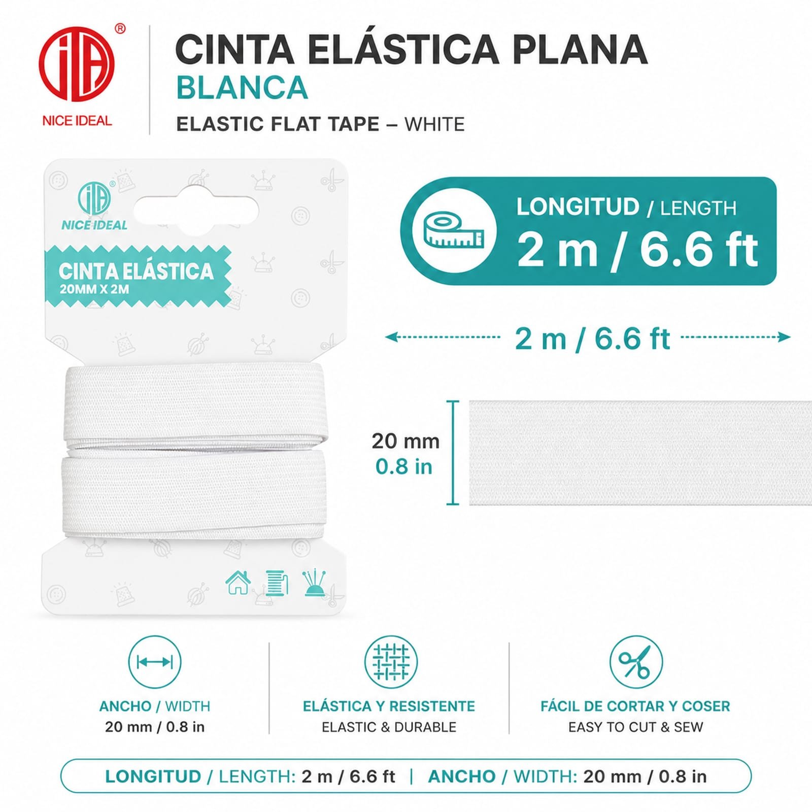 Medidas de cinta elástica negra: 2 m y 20 mm con cm e inch