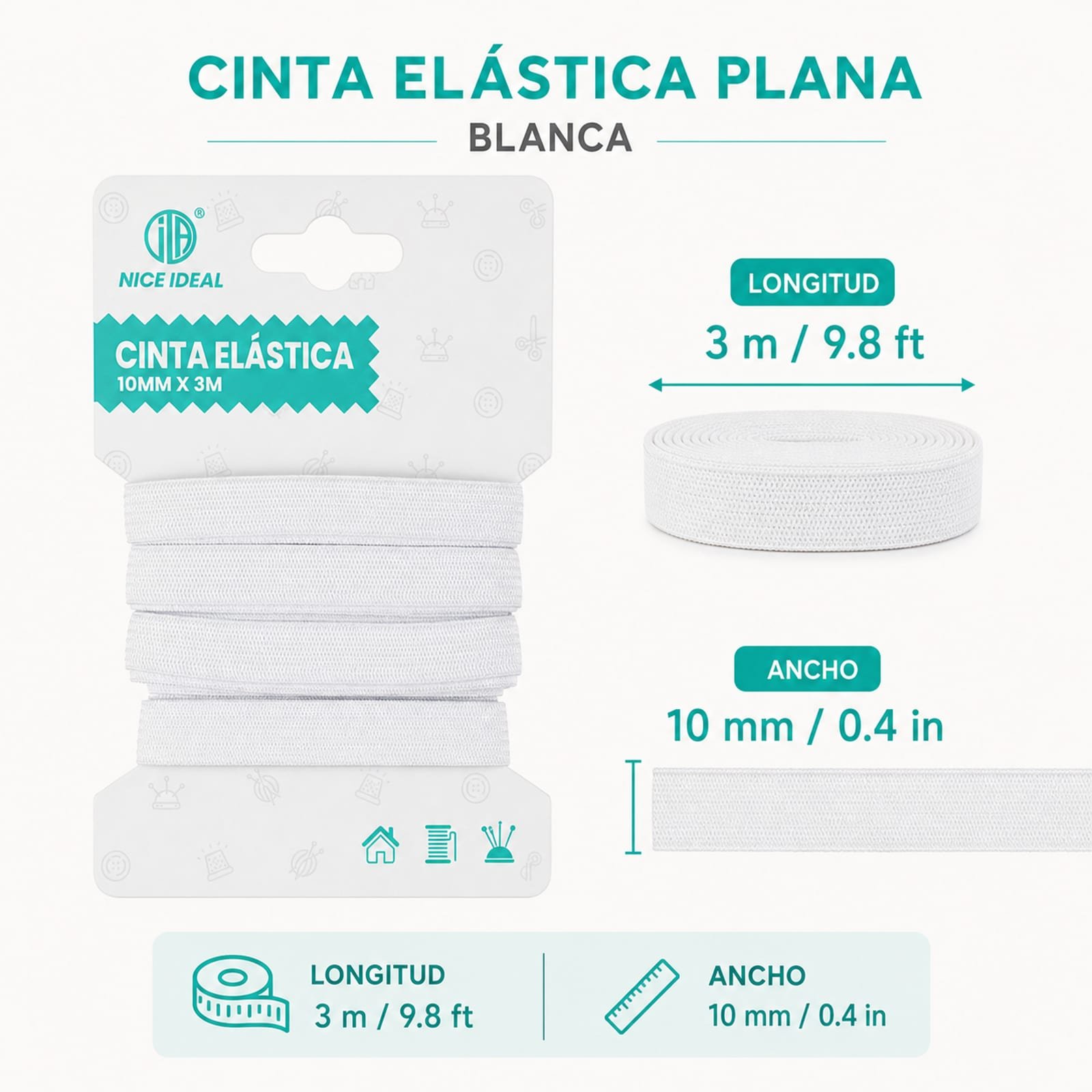 Medidas de cinta elástica negra: 3 m y 10 mm con cm e inch