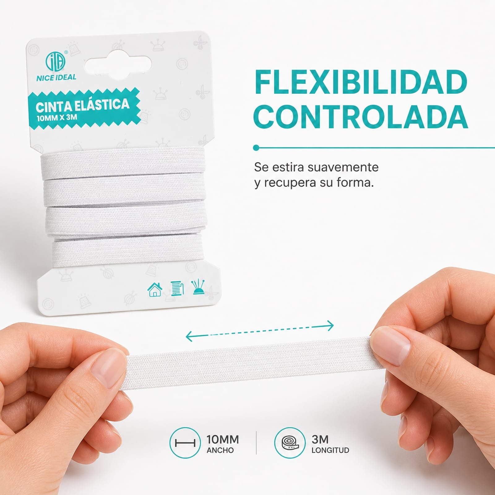 Cinta elástica blanca de 25 mm mostrando flexibilidad controlada