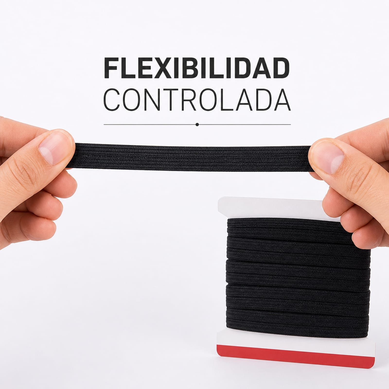 Cinta elástica negra de 10 mm mostrando flexibilidad controlada