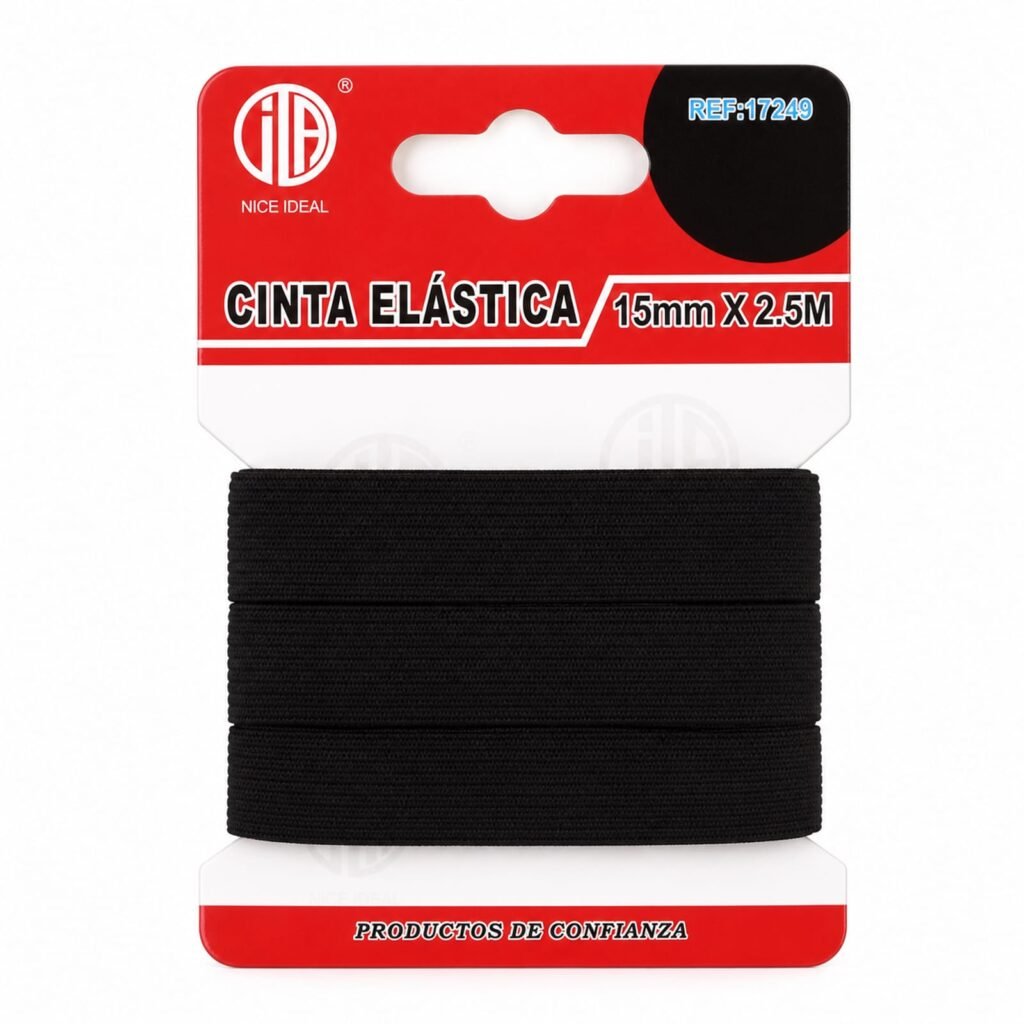 Rollo de cinta elástica plana negra de 15 mm x 2.5 m SKU 17249