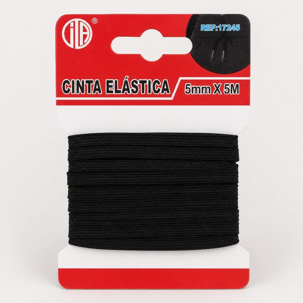 Rollo de cinta elástica plana negra de 5 mm x 5 m SKU 17245