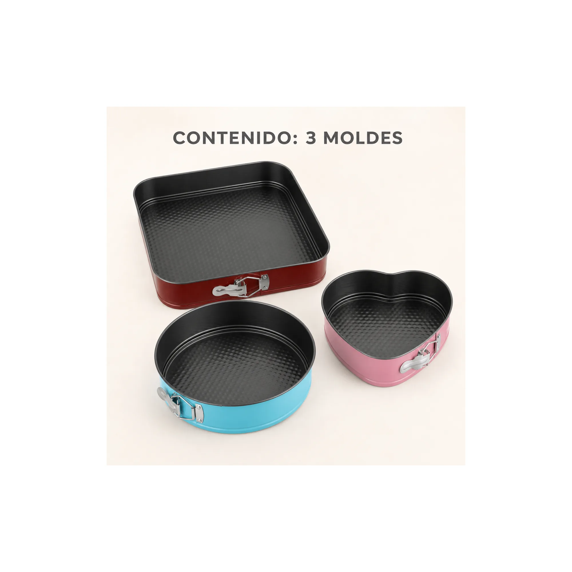 Contenido del paquete con tres moldes desmontables de colores