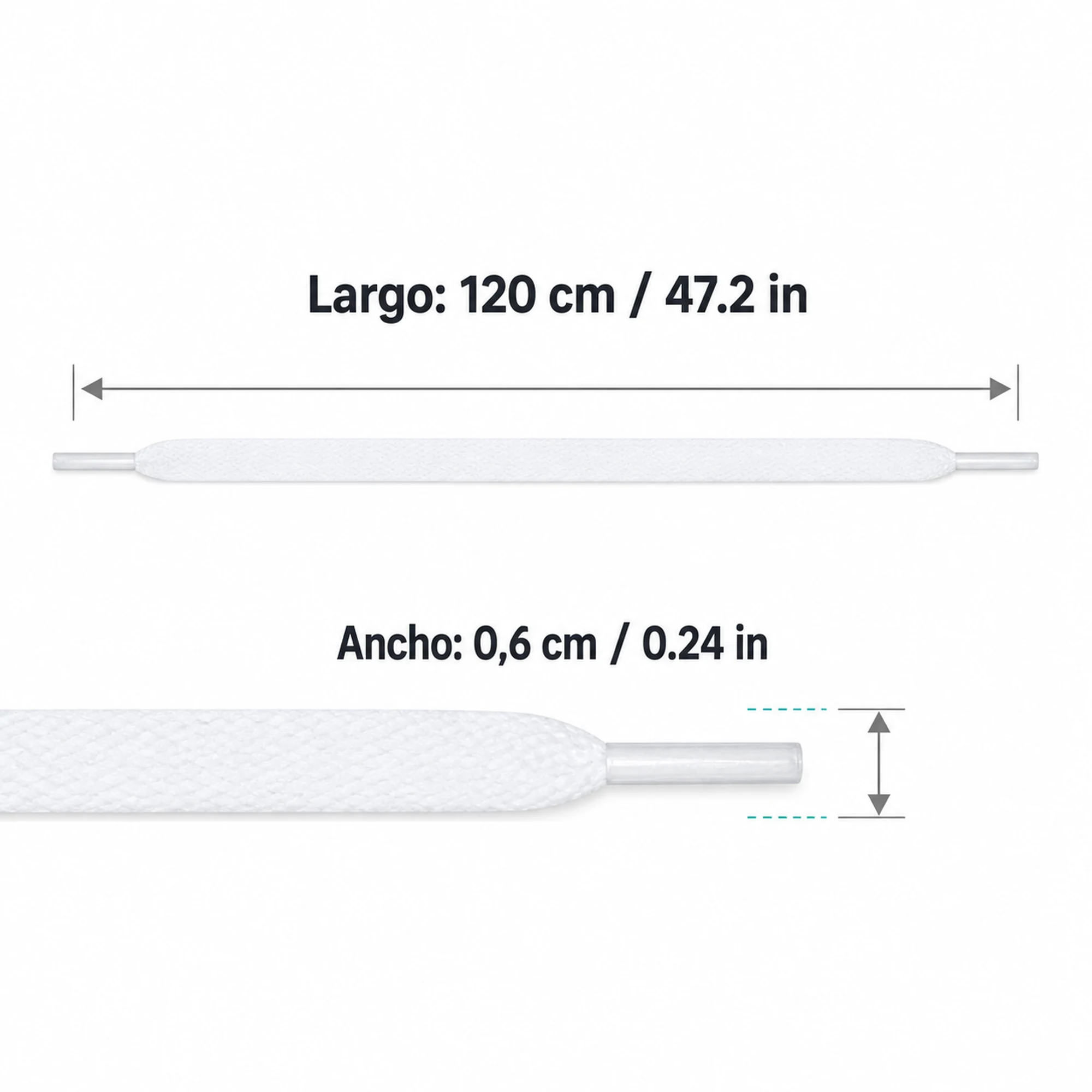 Medidas de cordones planos blancos: 120 cm de largo y 0,6 cm de ancho