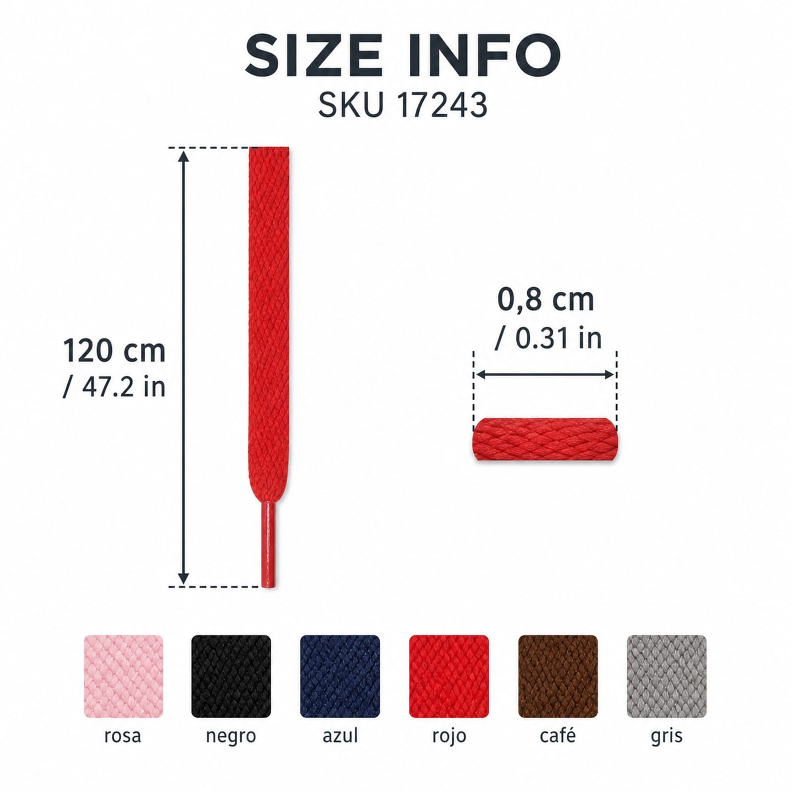 Medidas de cordones planos surtidos: 120 cm de largo y 0,8 cm de ancho