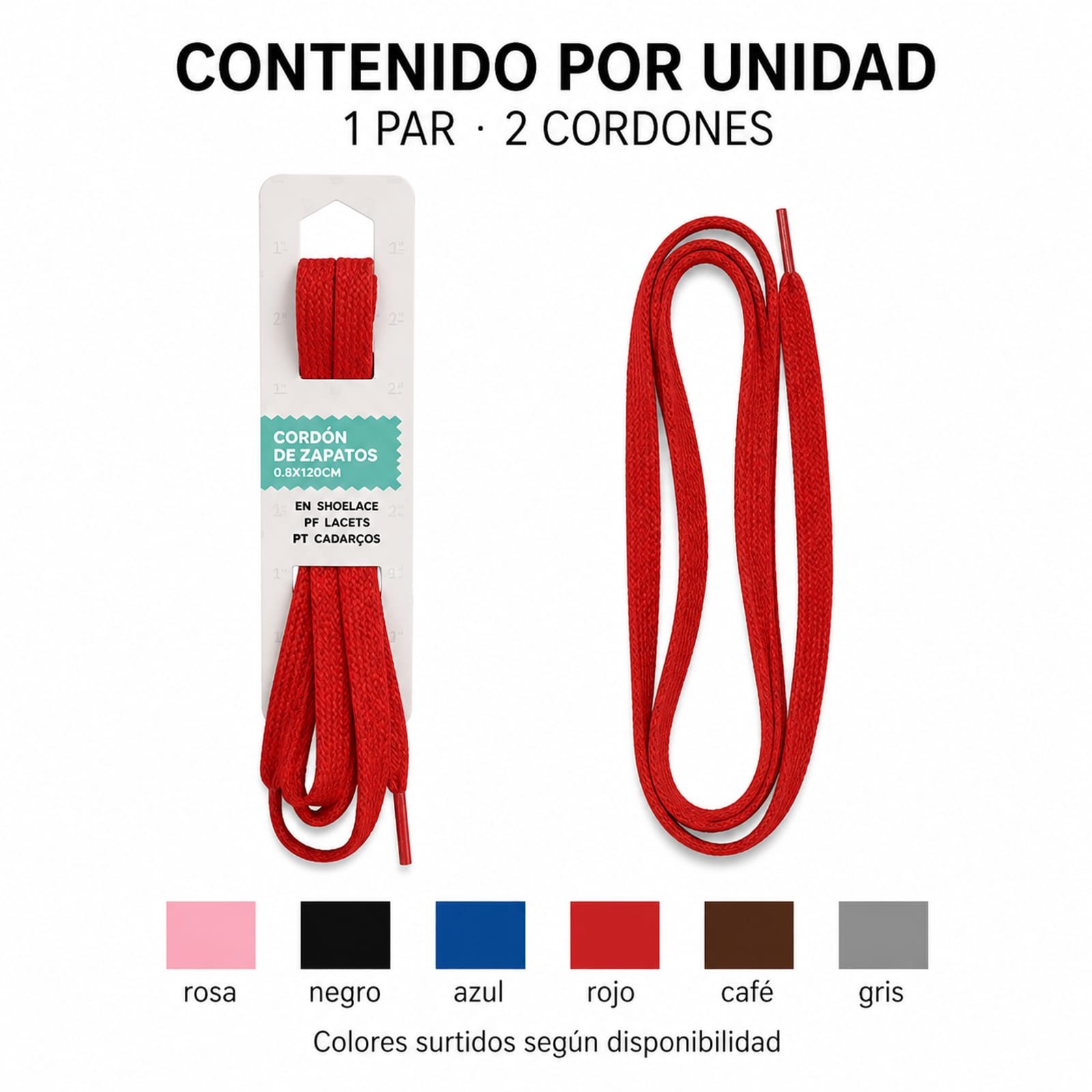 Contenido por unidad: un par de cordones planos en color surtido