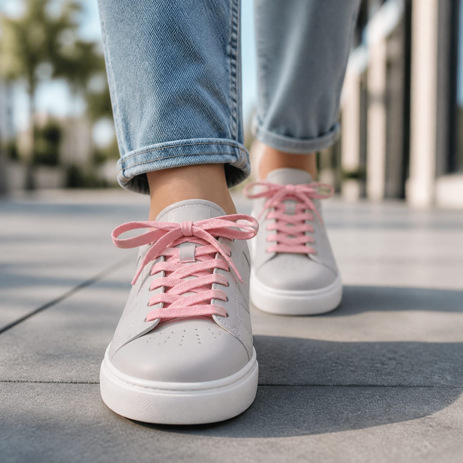 Zapatillas blancas con cordones planos rosados durante un paseo