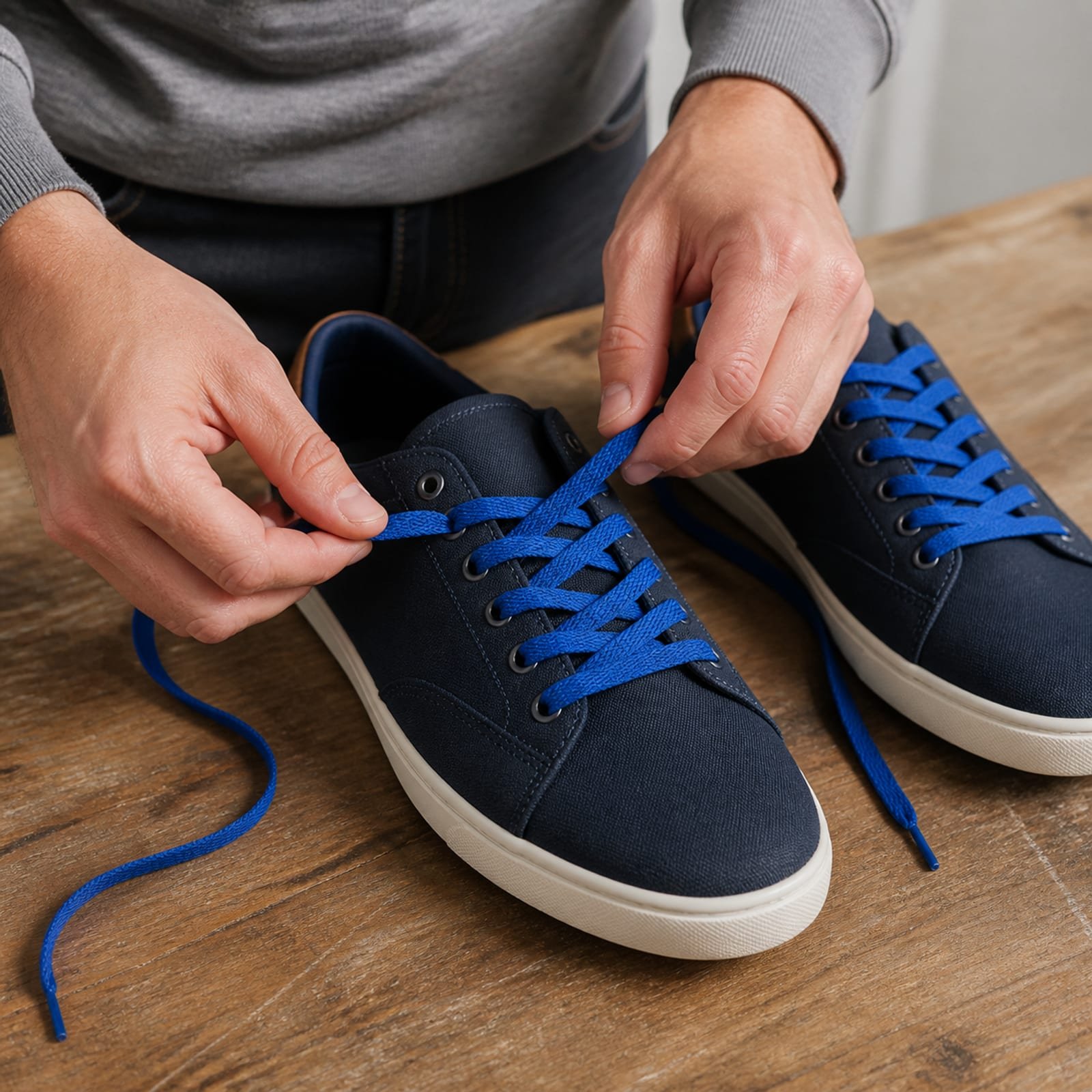 Persona cambiando cordones planos azules en zapatilla azul marino