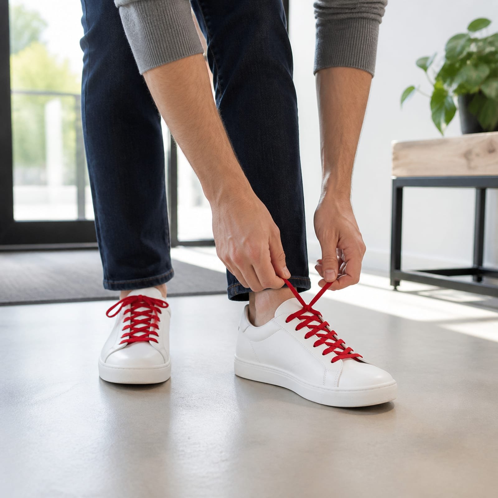 Persona ajustando cordones planos rojos de 120 cm en zapatillas blancas