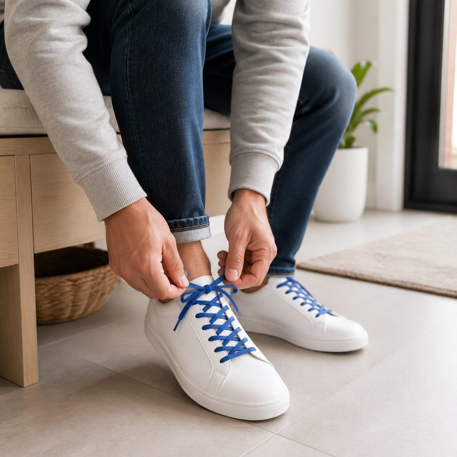 Persona atando cordones semirredondos azules de 120 cm en zapatillas