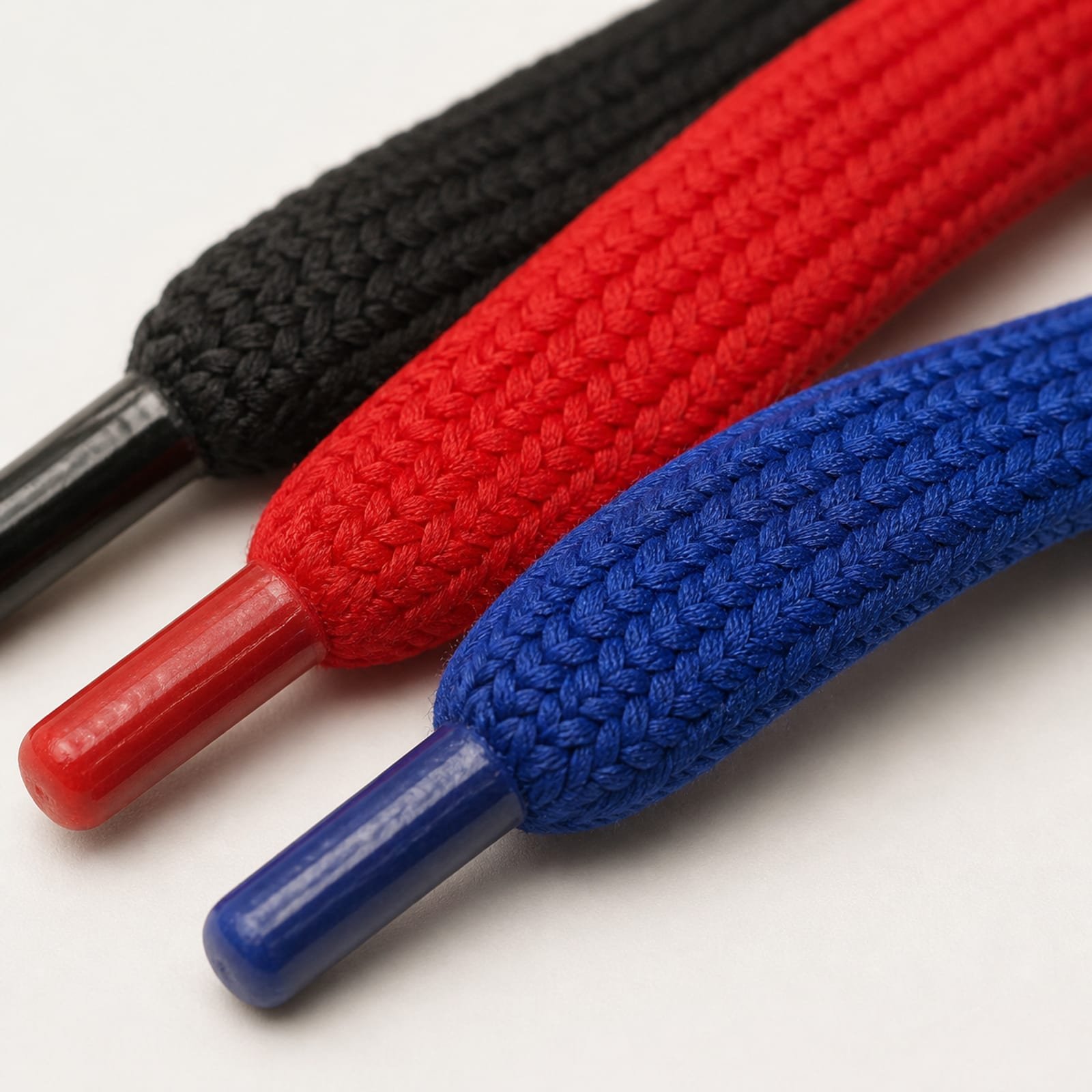 Detalle del tejido semirredondo y puntas plásticas de los cordones