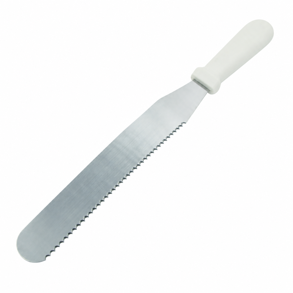 Espátula dentada para crepes, hoja metálica y mango blanco, 38 cm