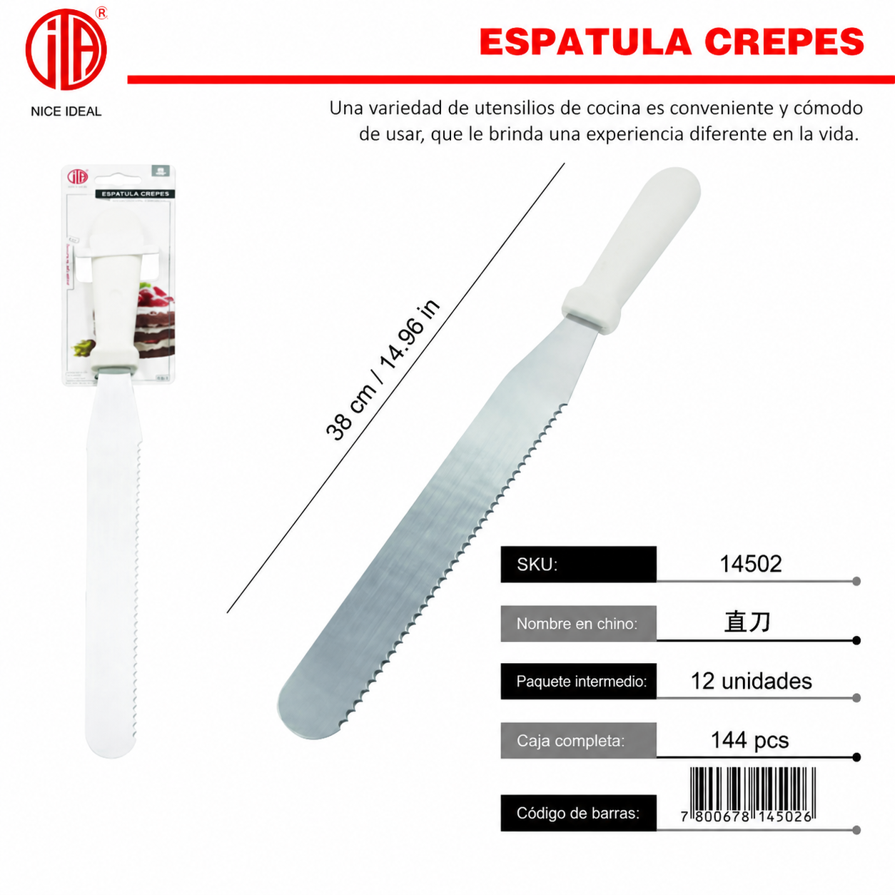 Espátula dentada para crepes, hoja metálica y mango blanco, 38 cm - Imagen 4