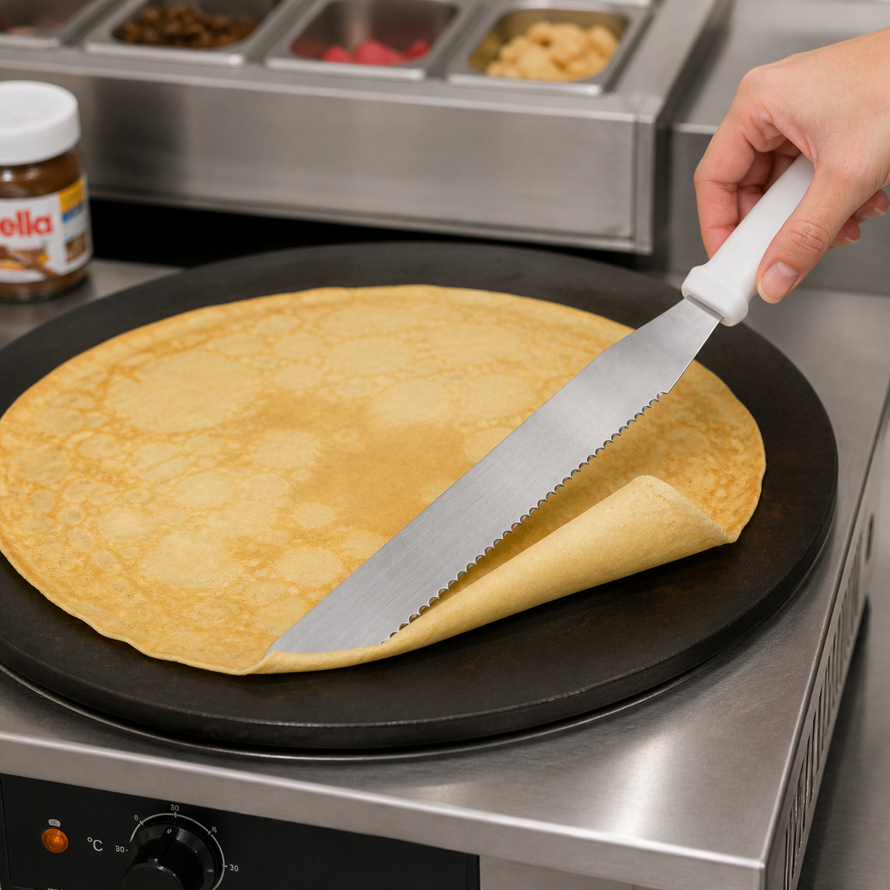 Espátula dentada para crepes, hoja metálica y mango blanco, 38 cm - Imagen 7