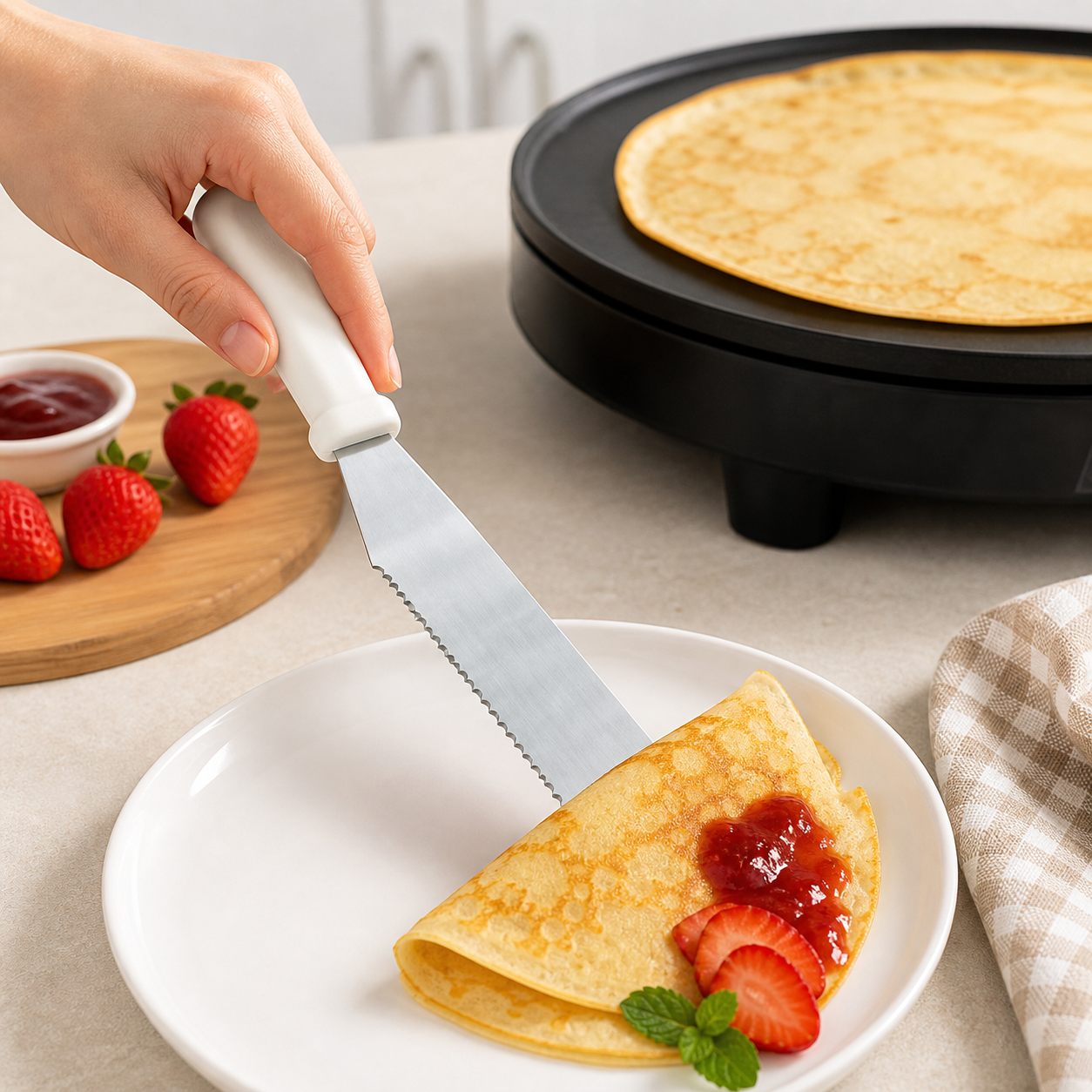 Espátula dentada para crepes, hoja metálica y mango blanco, 38 cm - Imagen 8