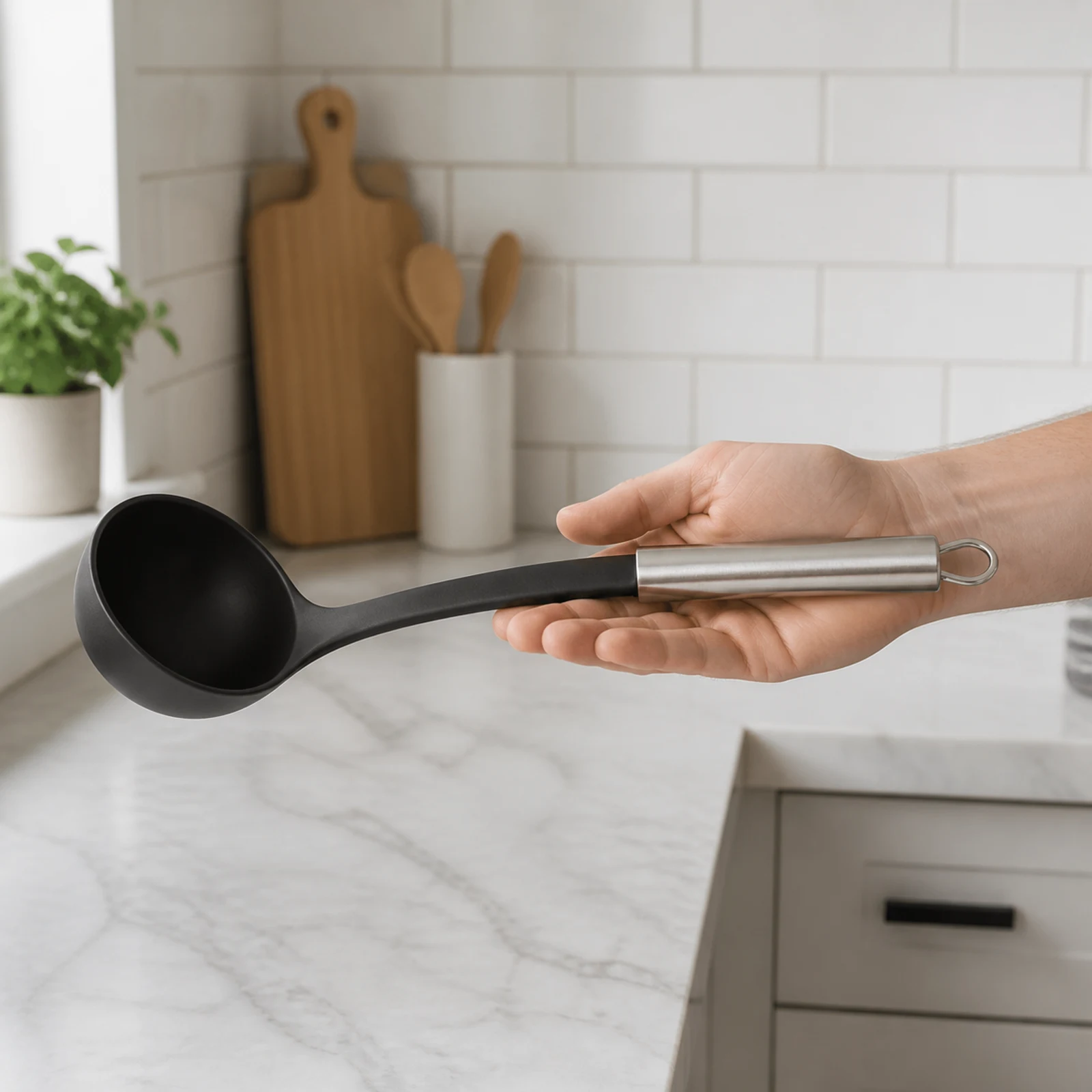Cucharon para sopa de 33 cm sostenido en mano a escala real