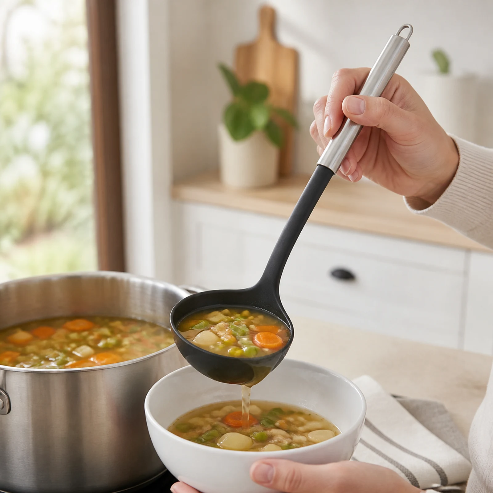 Cucharon de nylon sirviendo sopa desde una olla